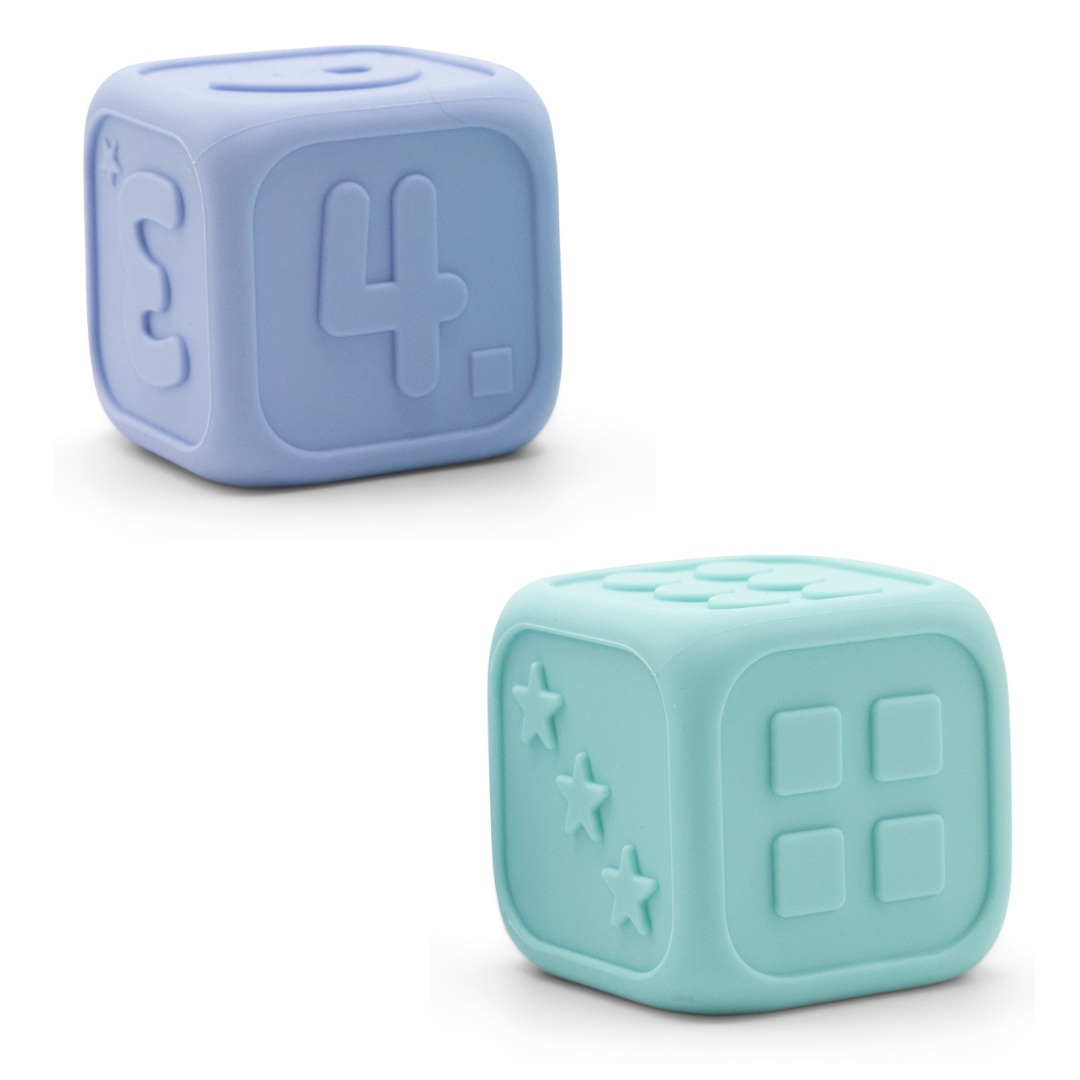 Two Silicone Dice with Numbers on White Background