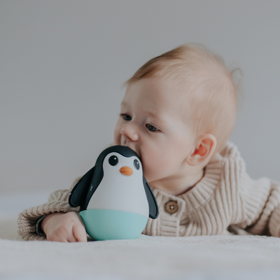 Baby with penguin wobble toy