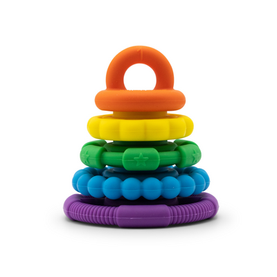 Silicone Rainbow Stacker and Teether Toy on White Background